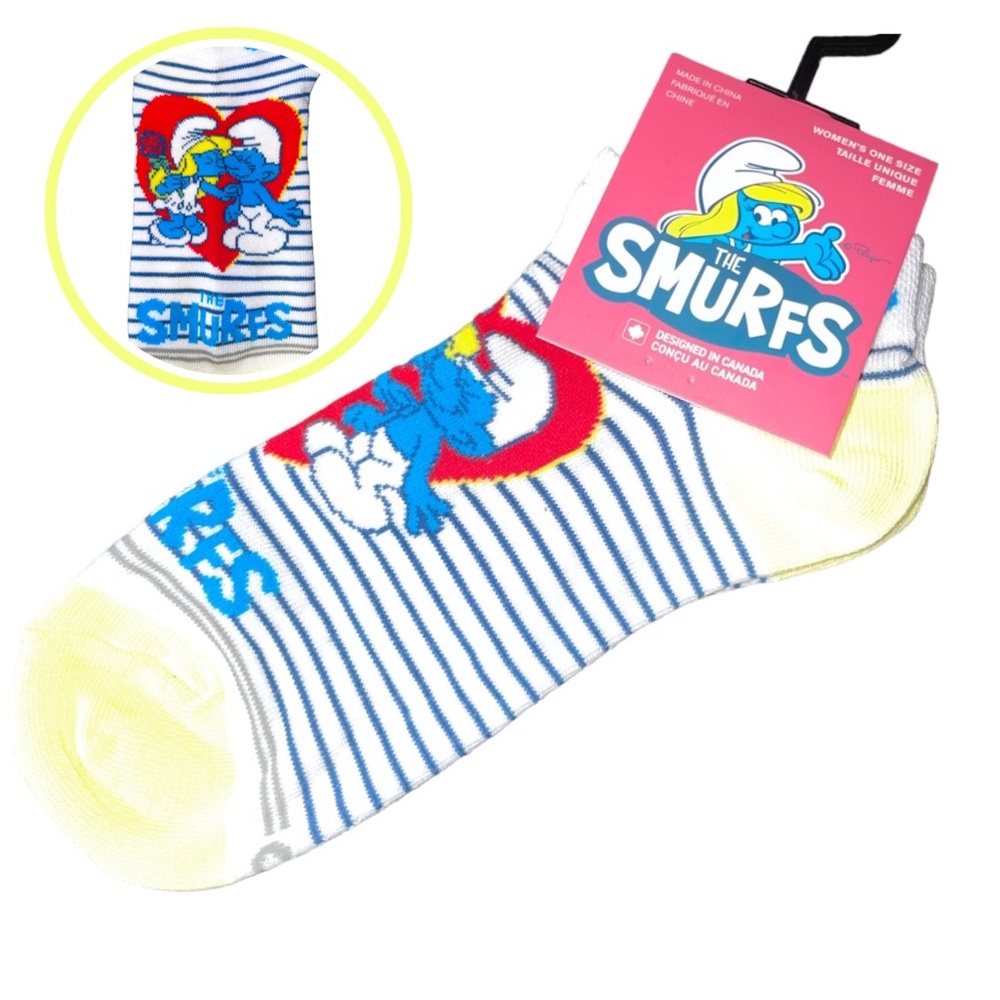 Smurfs Kissing Heart Low Cut Socks Women's Size OS Blue Stripes Yellow cartoon